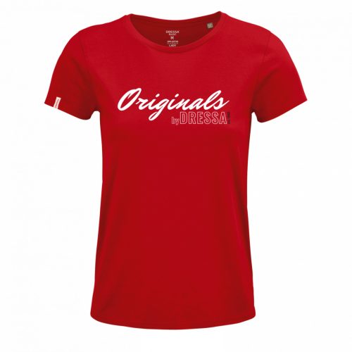 Dressa Originals feliratos női környakú rövid ujjú biopamut póló - piros